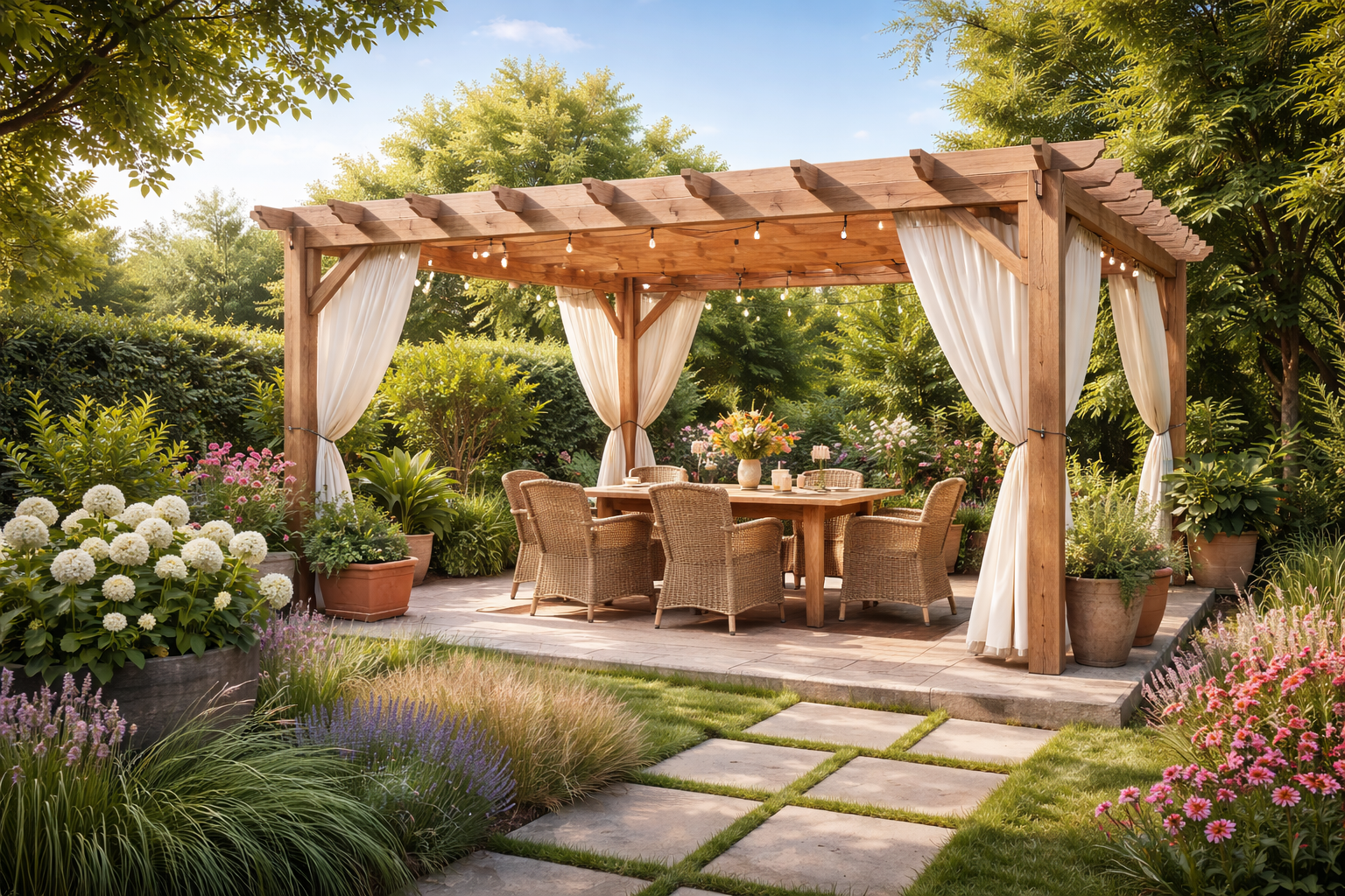 Puinen pergola puutarhassa